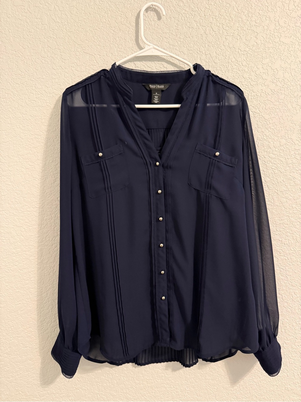 White House Black Market Navy Sheer Pintuck Button-Front Blouse - Women's 10